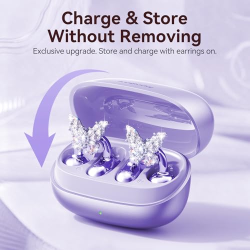 Kinglucky Gen2 Clip-On Earbuds with Butterfly Earrings, Charge & Store Without Removing Earrings, Comfortable Fit & 40H Playtime Bluetooth Open Ear Headphones for Women, Small Ears, Gifts (Purple) - color: Purple