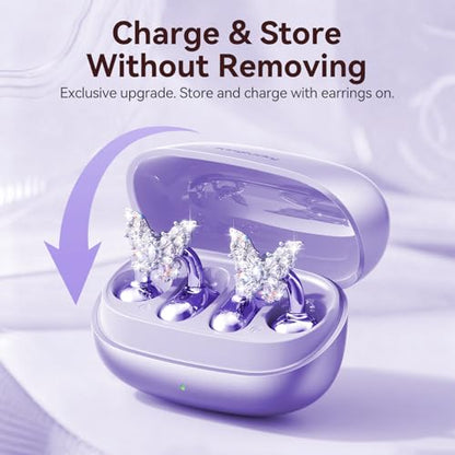 Kinglucky Gen2 Clip-On Earbuds with Butterfly Earrings, Charge & Store Without Removing Earrings, Comfortable Fit & 40H Playtime Bluetooth Open Ear Headphones for Women, Small Ears, Gifts (Purple) - color: Purple