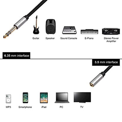Smithok 2 Pack, 1/4 inch to 3.5mm Headphone Adapter TRS 6.35mm 1/4 inch Male to 3.5mm 1/8 inch Female Stereo Jack Audio Adapter for Amplifiers, Guitar, Keyboard Piano, Headphones - 12inch/30CM - style: 3.5female to 6.35male