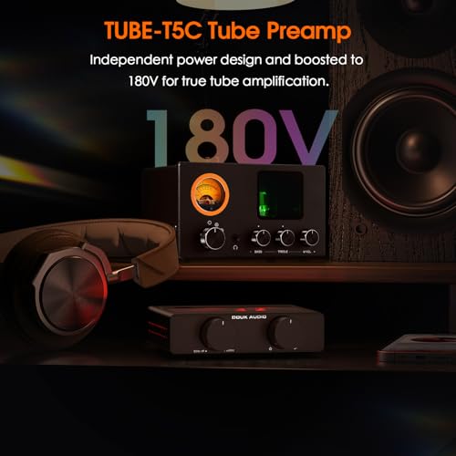 Douk Audio Vacuum Tube Preamp: Headphone Amp with VU Meter, 4-Way RCA Selector Switch Box, Preamplifier with Tone Control for Receivers, Amplifiers, Speakers, 16-600Ω Headphones (TUBE-T5C)