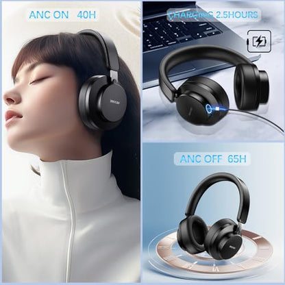 Over Ear Headphones Wireless Bluetooth, Noise Cancelling Headphones Bluetooth with Microphone, Cancelling Wireless Headphone Over Ear, 65h Playtime, Clear Calls, Comfort Fit For Travel (Black) - color: Black
