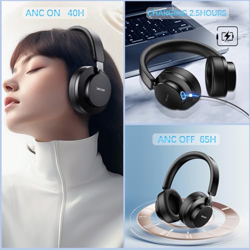 Over Ear Headphones Wireless Bluetooth, Noise Cancelling Headphones Bluetooth with Microphone, Cancelling Wireless Headphone Over Ear, 65h Playtime, Clear Calls, Comfort Fit For Travel (Black) - color: Black