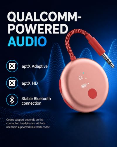 Avantree SoundJet R1-25Hr Airplane Bluetooth Adapter for All AirPods | Qualcomm Chip & aptX Adaptive, Wireless Audio Transmitter for Flight Travel, Works with Bose & Other Headphones - color: 2. Pink