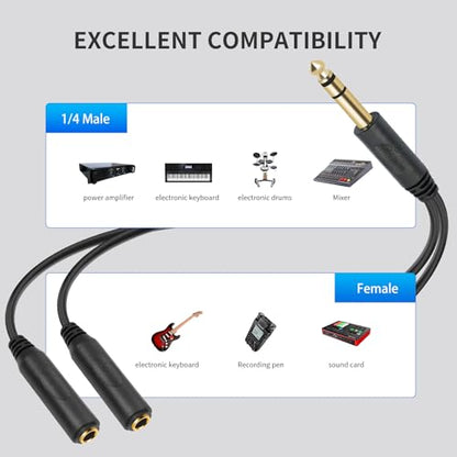 6.35mm 1/4 inch Male Plug Stereo to 2 Dual 1/4 "TRS Female Jack Connector Audio Speaker Cable, Y Splitter Adapter Cable (20CM / 8Inch) - size: 6.35M-TRS-2x6.35F