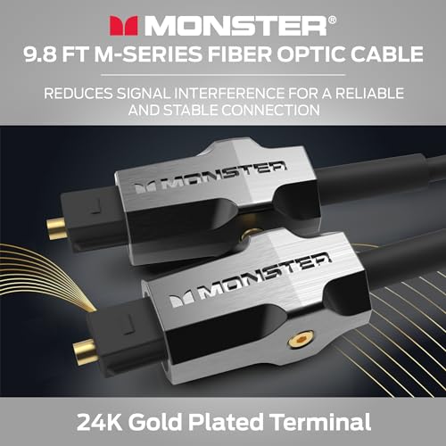 Monster M-Series 1000 Fiber Optic Toslink Cable, Optical Digital Audio Cable for Sound Bar and Home Theater System, Gold-Plated Connectors, 4.9 ft - size: 9.8