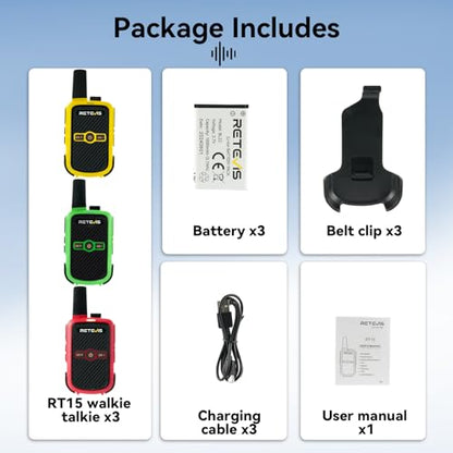 Retevis RT15 Walkie Talkies 3 Pack, Birthday Gift, Outdoor Adventure Kit | Durable, Lightweight, VOX, Key Lock, Mini Walkie Talkies for Adults, School Family Outdoor Travel Camping Hiking - color: Red Yellow Green