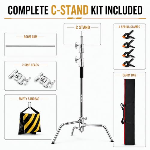 C Stand with Boom Arm, 9.18ft/280cm Heavy Duty Stainless Steel Photography Light Stand | 40.6in Holding Arm, 2 Grip Heads, Turtle Base, 4 Spring Clamps, Sandbag & Carry Bag for Studio Video Lighting - size: M280 CSTAND + BAG + SANDBAG + 4PCS CLAMPS