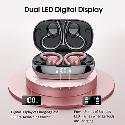 Wireless Earbuds for Small Ear, HiFi Stereo Sport Bluetooth 5.3 Headphones with Earhooks, 48H Deep Bass Running Ear Buds with LED Display, Noise Cancelling, IP7 Waterproof Built-in Mic for iOS Android - color: Rose Gold