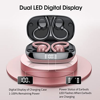 Wireless Earbuds for Small Ear, HiFi Stereo Sport Bluetooth 5.3 Headphones with Earhooks, 48H Deep Bass Running Ear Buds with LED Display, Noise Cancelling, IP7 Waterproof Built-in Mic for iOS Android - color: Rose Gold