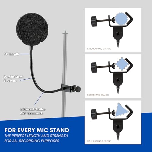 Melon Audio Pop Filter for Microphone - Sponge Layered Pop Wind Screen with Enhanced Flexible 360° Gooseneck Clip Metal Arm (includes Extra Filter)