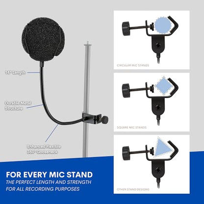 Melon Audio Pop Filter for Microphone - Sponge Layered Pop Wind Screen with Enhanced Flexible 360° Gooseneck Clip Metal Arm (includes Extra Filter)