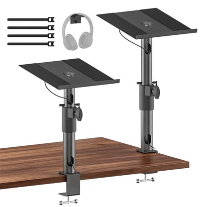 Heavy-Duty Desk Studio Monitor Stand Pair, Height Extend Desktop Speaker Stands, Tilt & Swivel Adjustable 9.3" x 8.9" Plate for KRK, JBL, Klipsch, PreSonus & Polk Audio, Built-in Cable Management