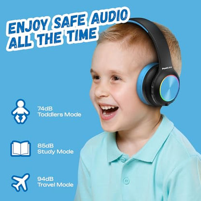 PowerLocus PLED Kids Bluetooth Headphones, Kids Wireless Headphones with LED Lights, 74/85/94dB Safe Volume, Micro SD, AUX Cable, Hi-Fi Stereo, Built-in Mic Over Ear Kid Headphone for Travel/Tablet/PC - color: Black/Blue
