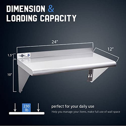 Profeeshaw NSF Stainless Steel Shelf 12''x24'', Commercial Wall Shelving | 230 lb, Wall Mounted Metal Shelves, with Backsplash and 2 Brackets, for Restaurant, Bar, Utility Room, Kitchen and Garage - size: 12"x24"
