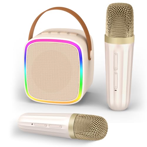 Mini Karaoke Machine with 2 Wireless Microphones Kids Toys | Portable Bluetooth Speaker for Kids Adults Toddler, Christmas Girls Toys for 4 5 6 7 8 9 10 12 Year Old Birthday Gift Ideas - color: Beige