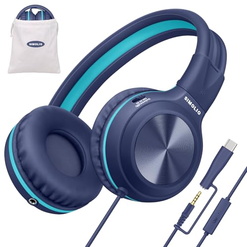 SIMOLIO USB C Wired Kids Headphones, Built-in Microphone & Share Port | USB C to 3. 5mm Dongle, 3-Level Volume Limiter, Over-Ear Headsets w/Pouch, Foldable for Airplane Travel School iPad - color: Deep Blue USB C&3.5mm