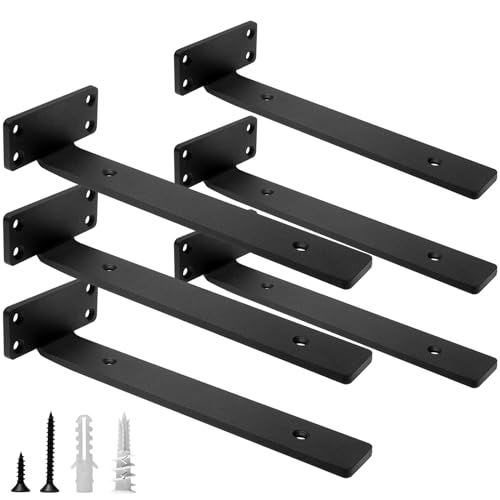HITOMEN Heavy Duty Floating Shelf Brackets, 10-Inch (1/5'' Thick) Hidden Shelves Hardware, Iron L Brackets, Rustic Industrial Black Metal Wall Shelving Supports, 6 Pack - size: 10 Inch, style: 6 Pack