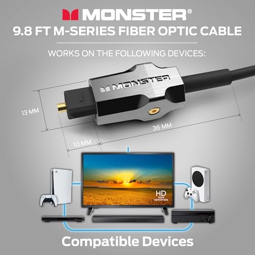 Monster M-Series 1000 Fiber Optic Toslink Cable, Optical Digital Audio Cable for Sound Bar and Home Theater System, Gold-Plated Connectors, 4.9 ft - size: 9.8