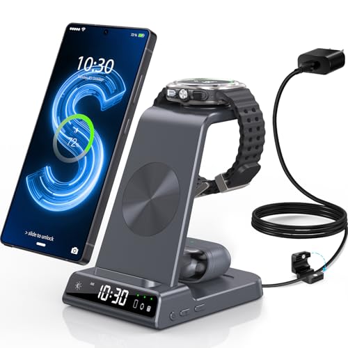 Wireless Charger for Samsung S25 with Clock 3 in 1 Android Charging Station | Charging Station for Galaxy S25 Ultra,Z Flip 7,Fold,Galaxy Bud,Watch Charger for Galaxy Watch 8,7,6,5Pro, Nightstand Charger - color: Grey