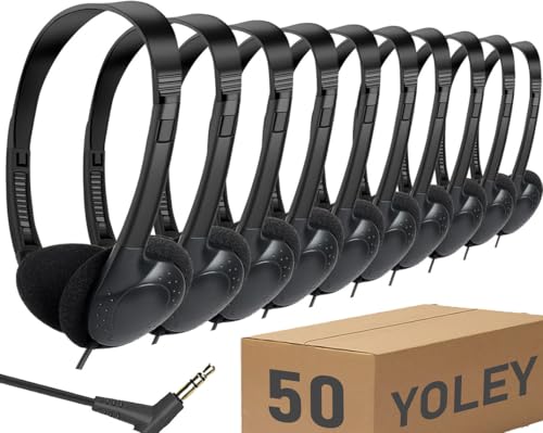 Classroom Headphones Bulk 50 Pack Class Set for School Students Kids and Adult -Sturdy Wired 3.5mm Plug (Black, 50 Pack) - color: Black, size: 50 Pack