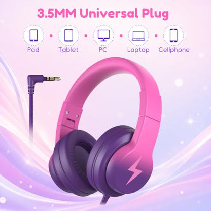 Candy Bila Wired Kids Headphones for School, Over-Ear for Boys Girls | Volume Limiter 85/94dB, HD Stereo Sound, Microphone and Wired Control,Foldable Design, Deep Purple and Pink - color: Deep Purple and Pink