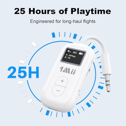 1Mii SafeFly Dual | Airplane Bluetooth Adapter for AirPods or Headphones, Bluetooth Transmitter with Screen, Volume Control, aptX Adaptive & HD, 3.5mm Aux Audio Jack for Airplane, Travel Flight