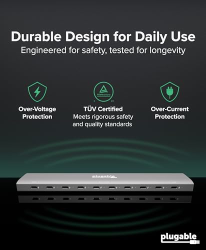 Plugable 10 Port USB C Charging Station, Up to 100W Charger for Multiple Devices with Priority Charging, Desktop Power Hub for USBC Devices Including Laptops Phones Tablets Earbuds and More (PS-10CC)