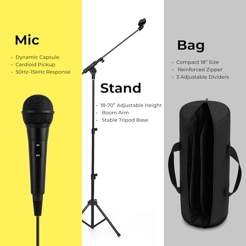 Bowens Dynamic Microphone for Singing with Adjustable Mic Stand (18–70”), 17" Boom, Handheld Microphone for Speakers, Karaoke – Includes Cable, Adapter, Foam Covers & Case