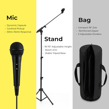 Bowens Dynamic Microphone for Singing with Adjustable Mic Stand (18–70”), 17" Boom, Handheld Microphone for Speakers, Karaoke – Includes Cable, Adapter, Foam Covers & Case