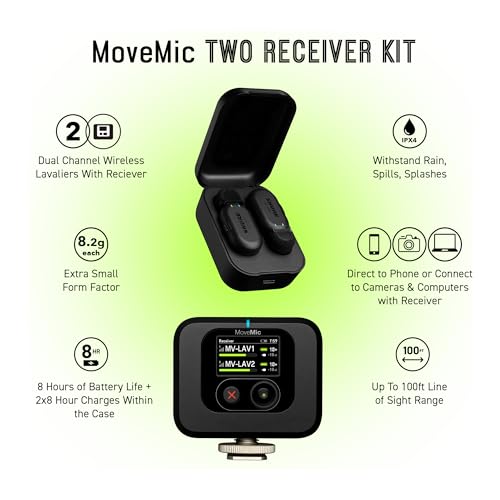 Shure MoveMic 2 Kit Wireless Lavalier Microphone System | Two Bluetooth clip-on lav mics with camera receiver for DSLR, iPhone, Android, Mac and PC; 24-hour charge, IPX4 - style: Two Channel Kit