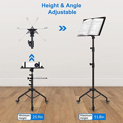 Tossbiss Laptop Tripod on Wheels with 2 Shelves | Portable Projector Floor Stand Adjustable Height 25.9 to 51.8 Inch with Phone Holder, Projector Stand