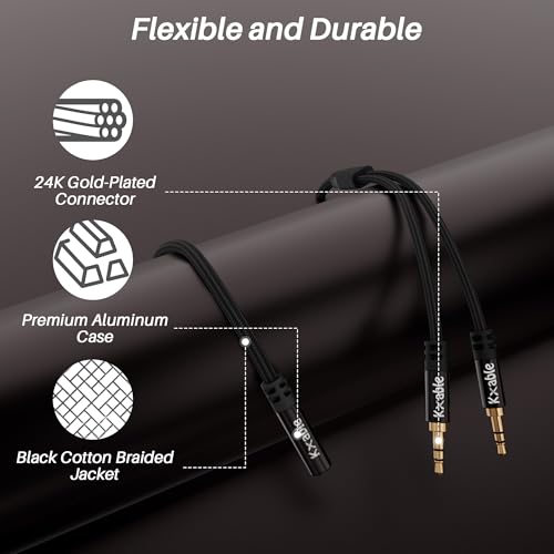 Kxable 1/8 Inch TRS Stereo Y Splitter Cable 3FT, 3.5mm Female to 2-Male Y-Splitter Stereo Audio Cable, for Cell Phone PC Laptop, Speaker, Headphones, Suitable for Switching or Two Sets of Speakers - size: 3FT