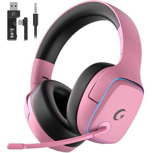 Gvyugke 2.4GHz Wireless Gaming Headsets for PS5, PS4, PC, Switch, BlushPink | Bluetooth 5.3 Gaming Headphones with Noise Canceling Mic, 7.1 Surround Sound, 70H Battery, Blue Lighting - color: Blush Pink