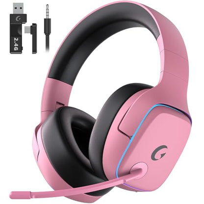 Gvyugke 2.4GHz Wireless Gaming Headsets for PS5, PS4, PC, Switch, BlushPink | Bluetooth 5.3 Gaming Headphones with Noise Canceling Mic, 7.1 Surround Sound, 70H Battery, Blue Lighting - color: Blush Pink