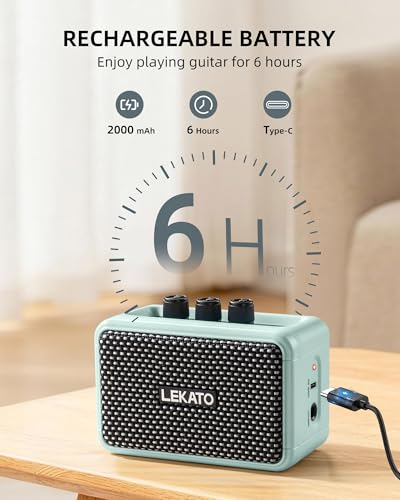 LEKATO Mini Guitar Amplifier, Dual Speakers 5W, Rechargeable Electric Guitar Amp Bluetooth with Clean Overdrive, 6H Working, Headphone Jack, Wireless Portable Small Amp for Practice, Traveling (Blue) - color: Blue