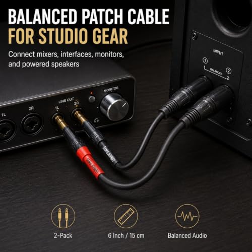 Sam&Johnny 1/4 to XLR Cable 6 Inch 2-Pack, Balanced Patch Cable TRS Male to XLR Male for Studio Monitor, Mixer & Amplifier – 24K Gold Plated, OFC Recording & Live Sound