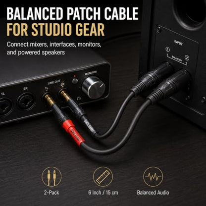 Sam&Johnny 1/4 to XLR Cable 6 Inch 2-Pack, Balanced Patch Cable TRS Male to XLR Male for Studio Monitor, Mixer & Amplifier – 24K Gold Plated, OFC Recording & Live Sound