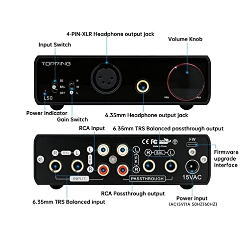 AOSHIDA Topping L50 NFCA Balanced Headphone Amplifier with 3500mW×3500mW, TRS/RCA to 6.35mm/4-Pin-XLR Amp for IEMs Headphones (Black)