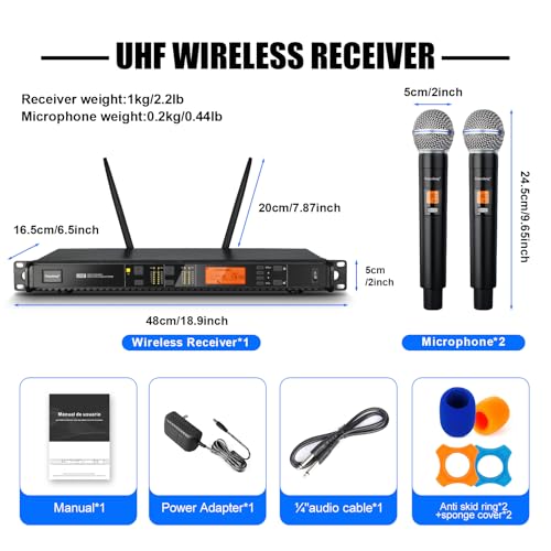 Depusheng Wireless Microphones System with 2 Channels Cordless Handheld Microfono Inalambrico, 200FT UHF Range, Mics with Stable Signal Transmission for Karaoke Singing Party Church Wedding PA Speaker