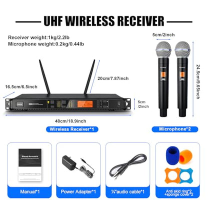 Depusheng Wireless Microphones System with 2 Channels Cordless Handheld Microfono Inalambrico, 200FT UHF Range, Mics with Stable Signal Transmission for Karaoke Singing Party Church Wedding PA Speaker