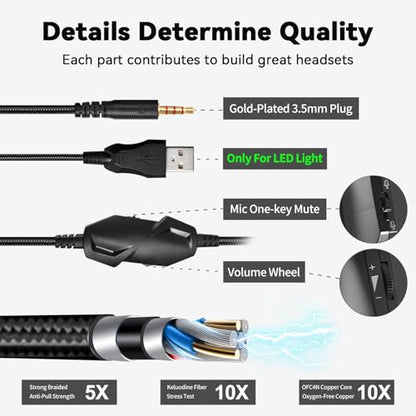 Jimonyer Gaming Headset with Microphone, 7.1 Surround Sound and Noise Canceling Over Ear Headphones for PC, PS4, PS5,Xbox Series,Switch, RGB Light and Soft Imitation Protein Earmuffs (White) - color: White