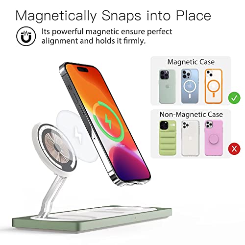 3 in 1 Wireless Charging Station for Apple Devices with MagSafe | For iPhone 17/Air/16/15/14/13/12, AirPods & Apple Watch, Foldable Portable Aluminum Charging Stand, Adapter Included - color: Sprout Green