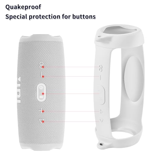Silicone Case Cover for JBL Charge 5 Portable Bluetooth Speaker | Travel Gel Soft Skin,Waterproof Rubber Carrying Pouch with Strap (White) - color: White