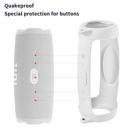 Silicone Case Cover for JBL Charge 5 Portable Bluetooth Speaker | Travel Gel Soft Skin,Waterproof Rubber Carrying Pouch with Strap (White) - color: White