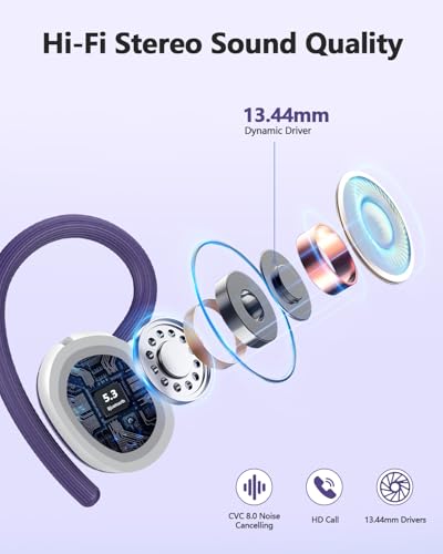 hadbleng Wireless Bluetooth Earbuds Sport 128H Playtime Bluetooth 5.3 Headphones with LED Display Powerful Bass Over Ear Earphones with Earhooks IP7 Waterproof - color: Dark purple