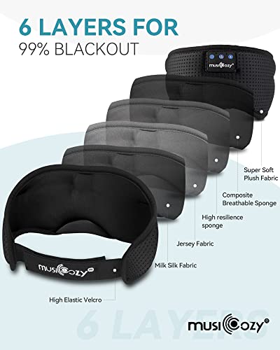 MUSICOZY Sleep Headphones Bluetooth 5.4 Sleep Mask with HD Sound | Breathable Flat Design with Cooling Lining, Washable Headband, 14 Hours Playtime for Travel Meditation Relaxation Gifts - color: Matte Black