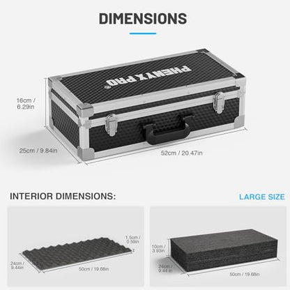 Phenyx Pro Carrying Case with Customizable Pre-Diced Foam Foam PCSE-L | Aluminum Alloy Sturdy Build, 2-layer Form, Protective Gear Storage, Wireless Mic Systems, Camera Gear, Equipment Transport - size: Large (20.3×10×5.9 Inch)