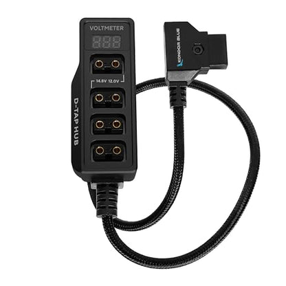KONDOR BLUE | 12V D-Tap Power Hub Splitter with Voltmeter, 4 Way | 1/4-20 Threads, ARRI Anti Twist Locating Points, Multi Hole Mounting, Power Distribution for Camera Rigs | Black - color: Raven Black
