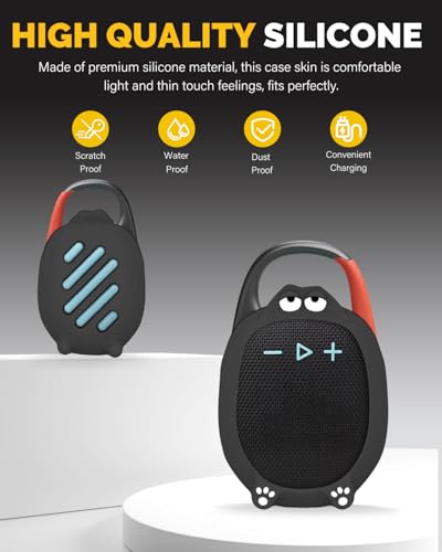 Silicone Case Cover Compatible with JBL Clip 5 Bluetooth Speaker, Soft Protective Speaker Sleeve with Cute Cartoon Design, Washable Shockproof Anti-Scratch Silicone Skin, Black