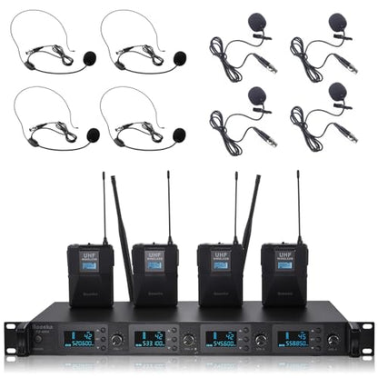 Wireless Microphone System 4 Channel UHF 4 Lavalier Lapel Headset Mics for Karaoke Church Speaking Conference Meeting Party, 4x25 Adjustable Frequency (4 Bodypack) - size: 4 Bodypack